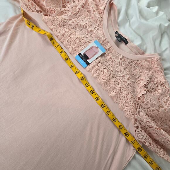 🎄 Adrianna Papell NWT lace details short sleeve top Large blush pink - Picture 10 of 17